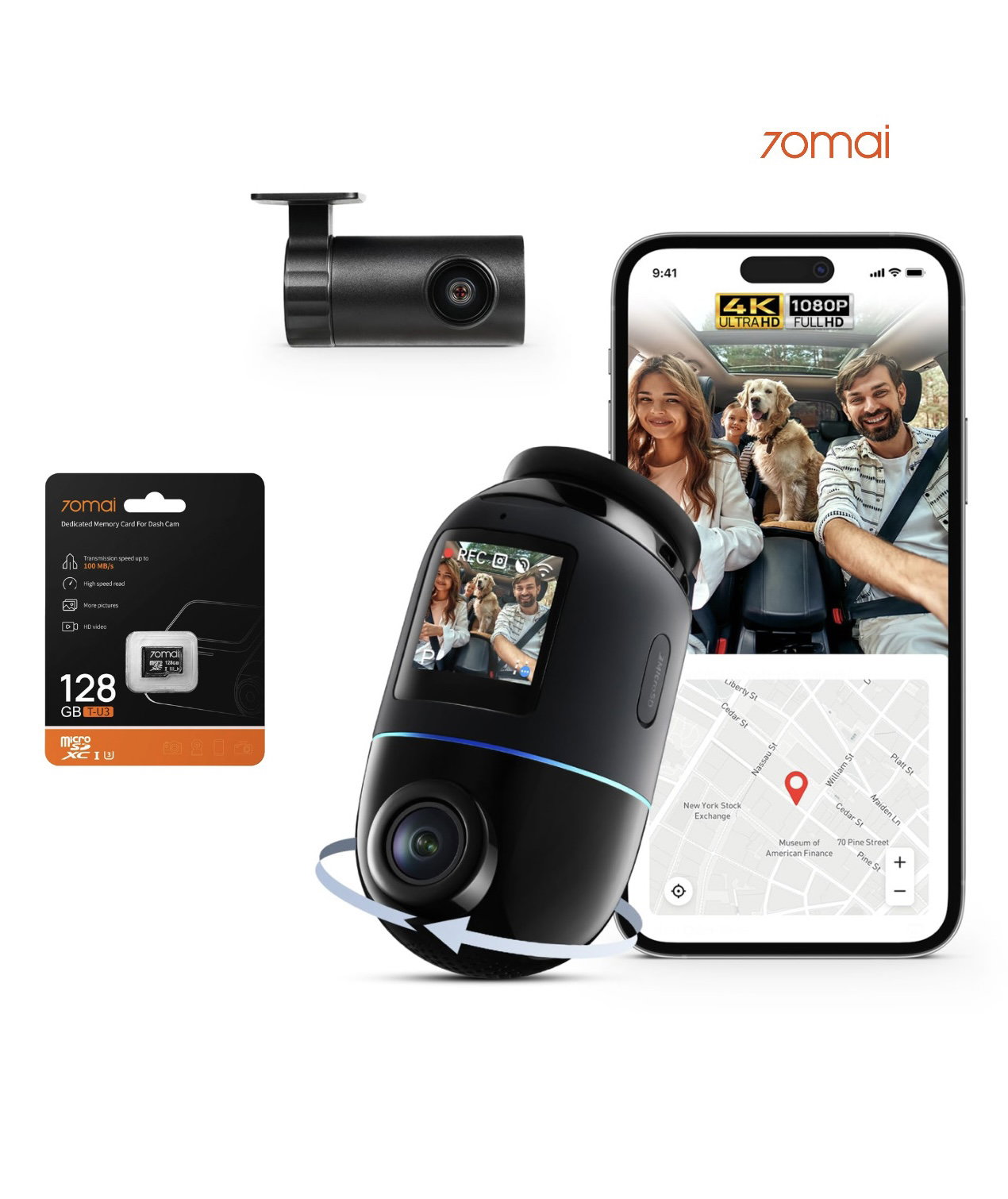 70mai Omni X800 4K Rotation 360°, Camera Arriere + 70mai Carte Memoire 128G_0