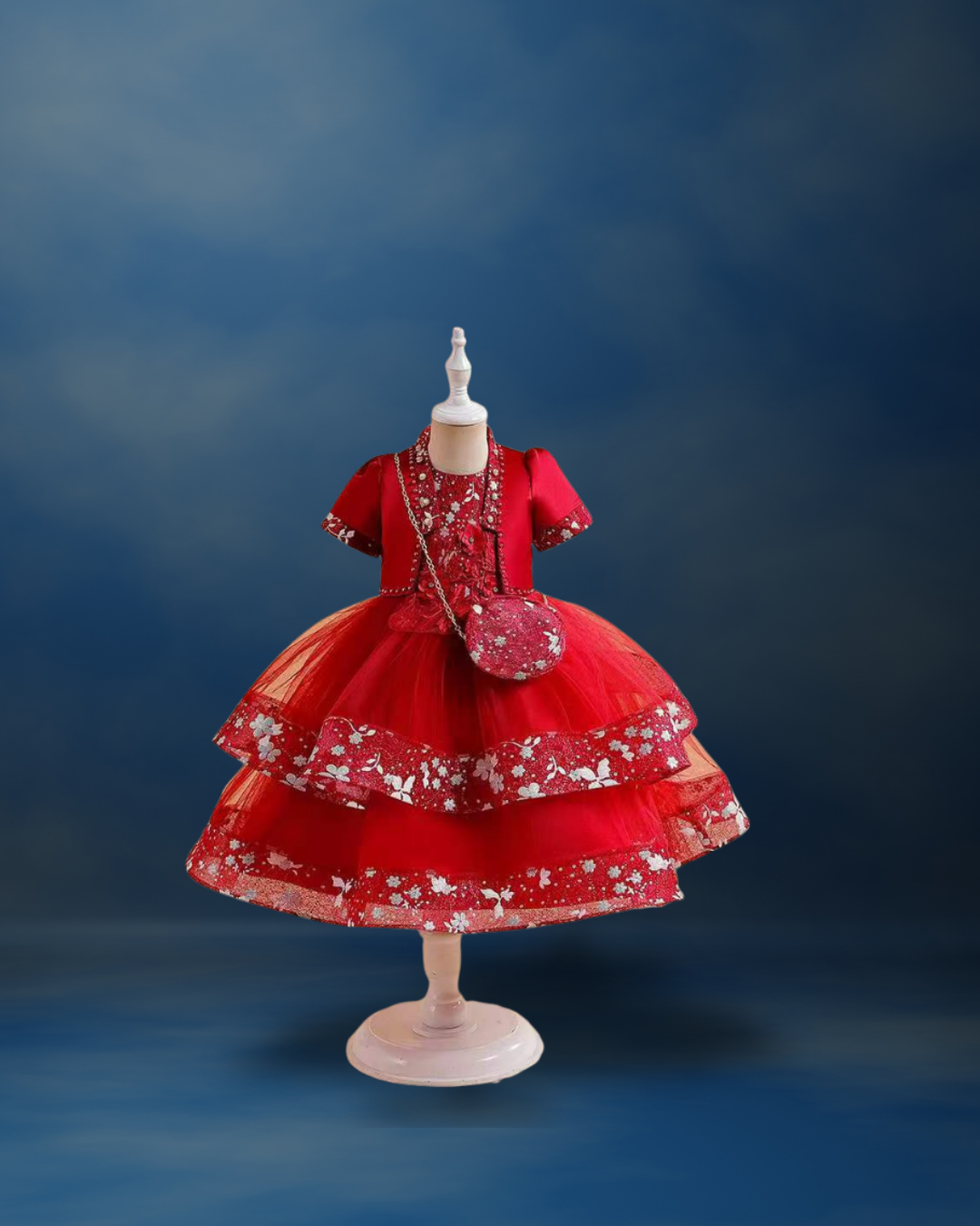 Red Layered Dress with White Flowers, with Bag and Cropped Jacket_0