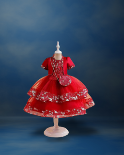 Red Layered Dress with White Flowers, with Bag and Cropped Jacket