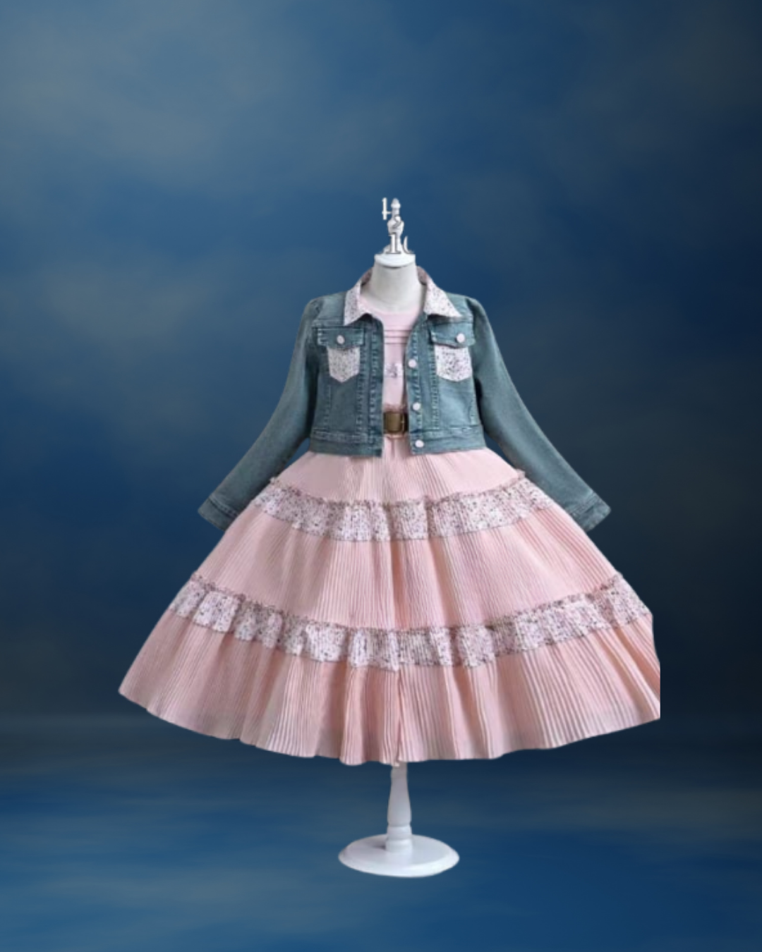 Long Champagne Dress with Brown Belt and Denim Jacket _1