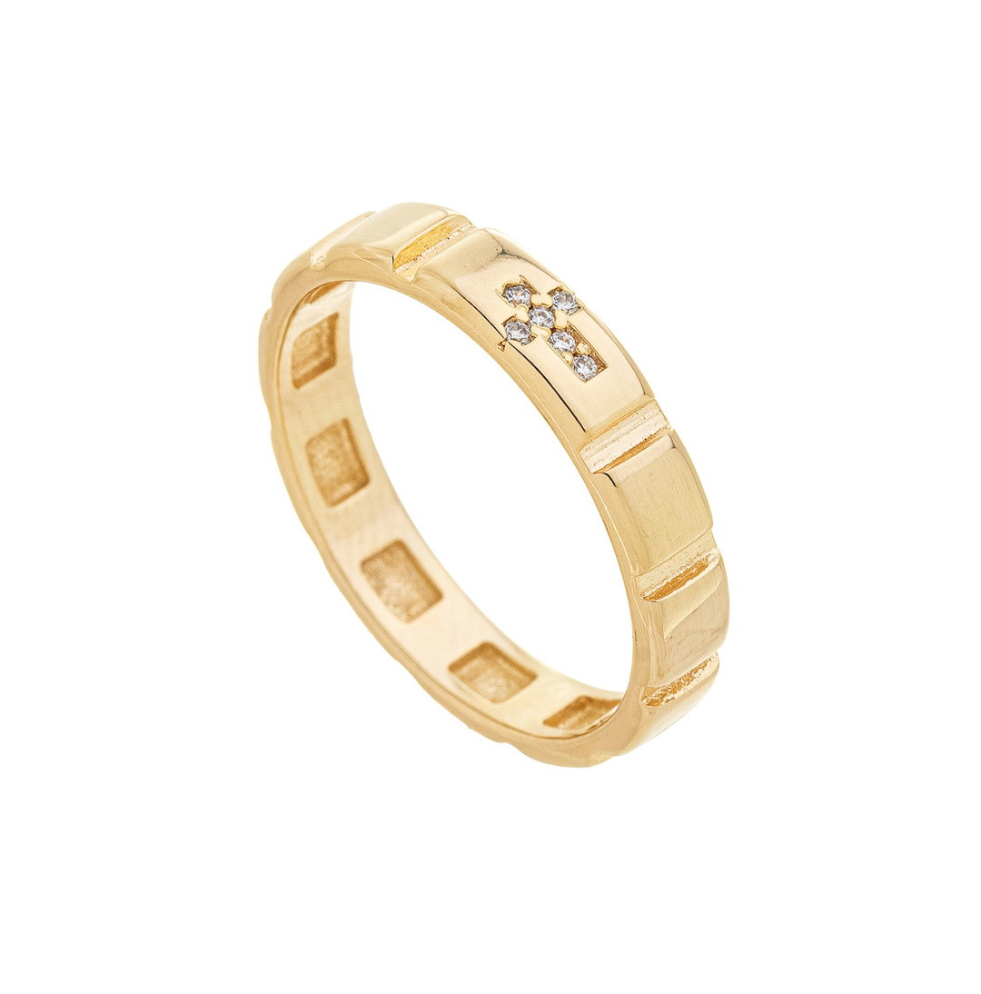 Anel Quadriculado com Cruz banhado a Ouro 18k