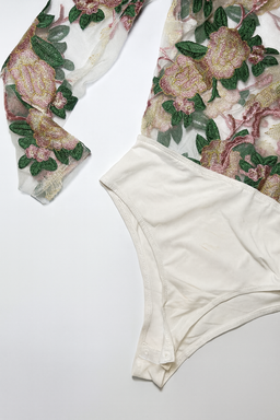 Body de manga larga en tul bordado floral - Size S