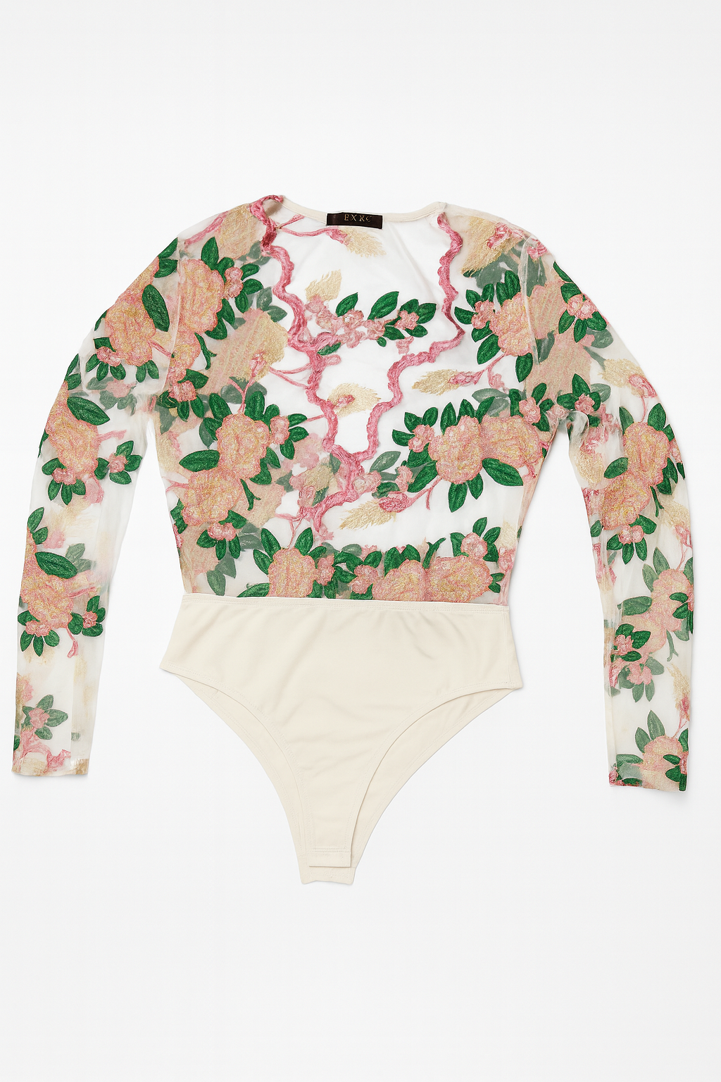Body de manga larga en tul bordado floral - Size S