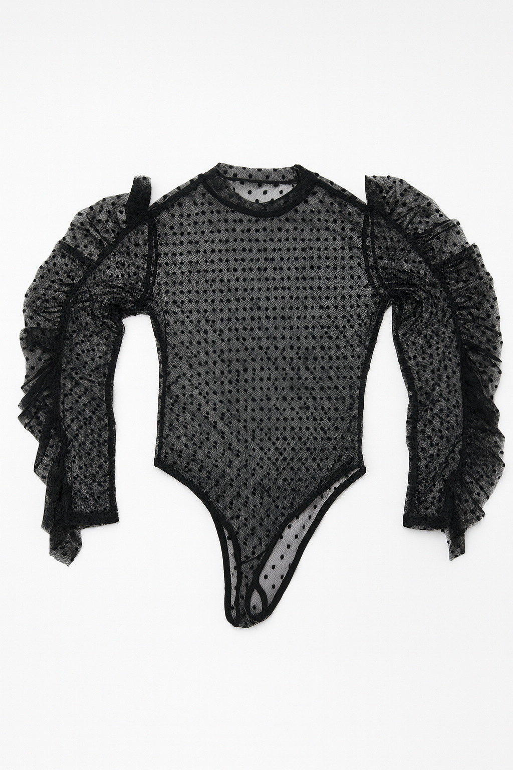 Body negro de tul plumeti con mangas de volantes - Size S