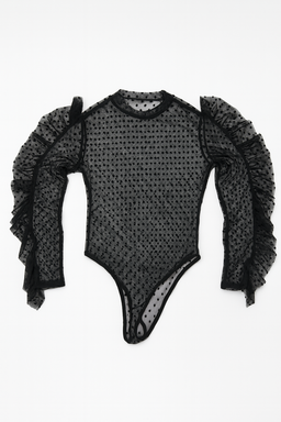 Body negro de tul plumeti con mangas de volantes - Size S