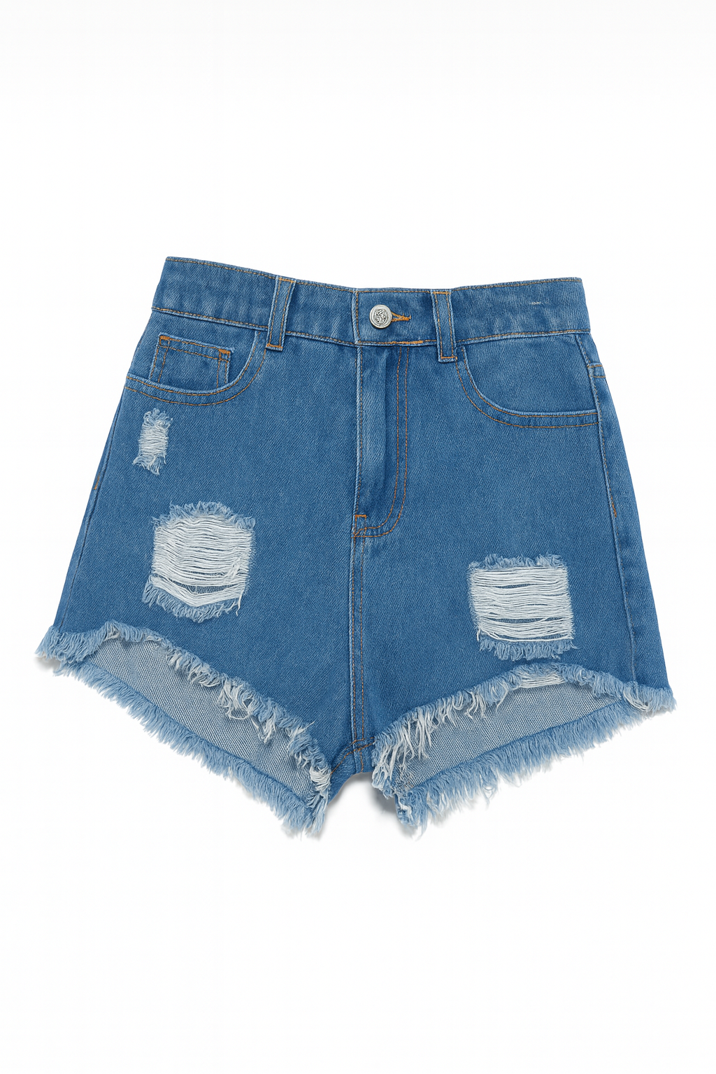 Shorts denim azul con efecto desgastado y ruedo desflecado - Size S