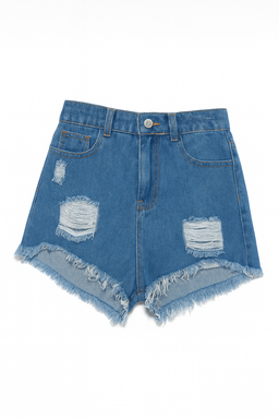 Shorts denim azul con efecto desgastado y ruedo desflecado - Size S