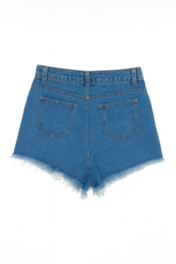 Shorts denim azul con efecto desgastado y ruedo desflecado - Size S