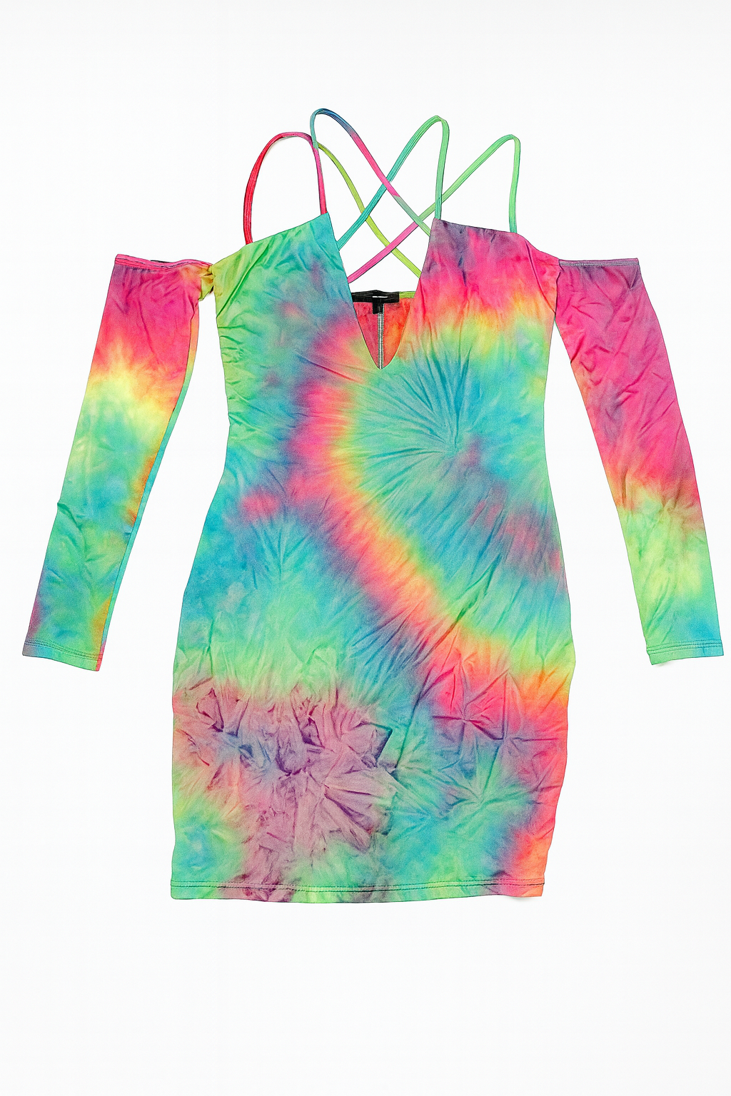 Vestido tie-dye multicolor con tirantes cruzados y mangas largas - OneSize