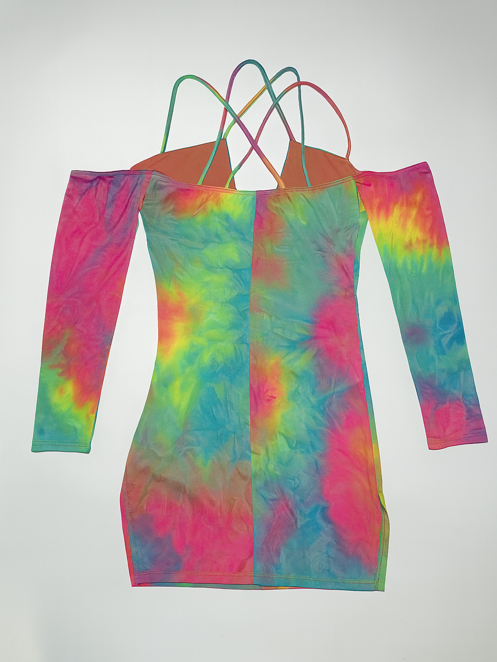 Vestido tie-dye multicolor con tirantes cruzados y mangas largas - OneSize _1