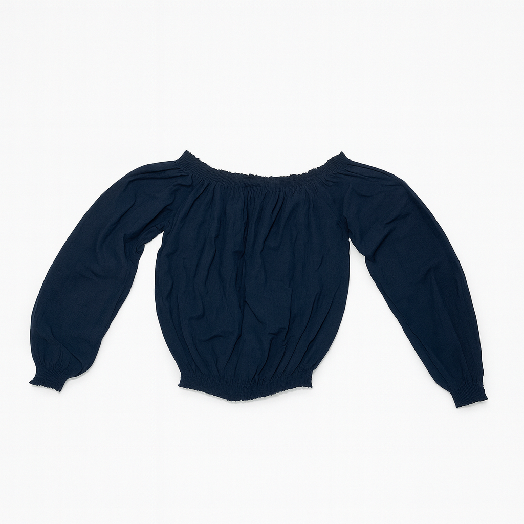 Blusa azul marino con escote bardot y mangas largas - Size S_0
