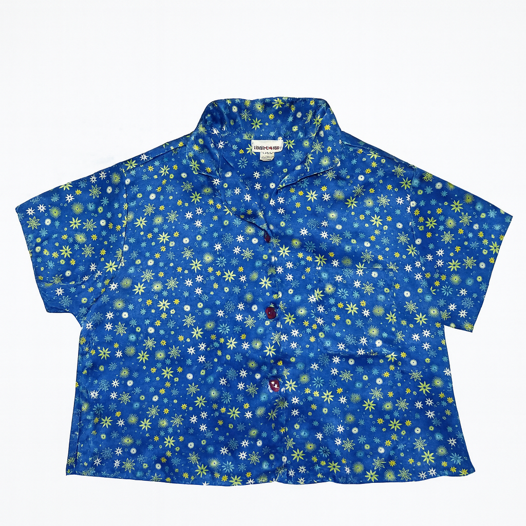 Camisa azul satinada de manga corta con estampado de estrellas - Size 10_0