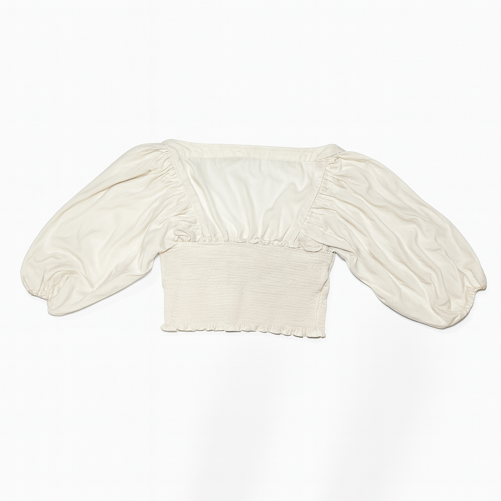 Blusa corta beige con mangas abullonadas y detalle fruncido - Size S_1