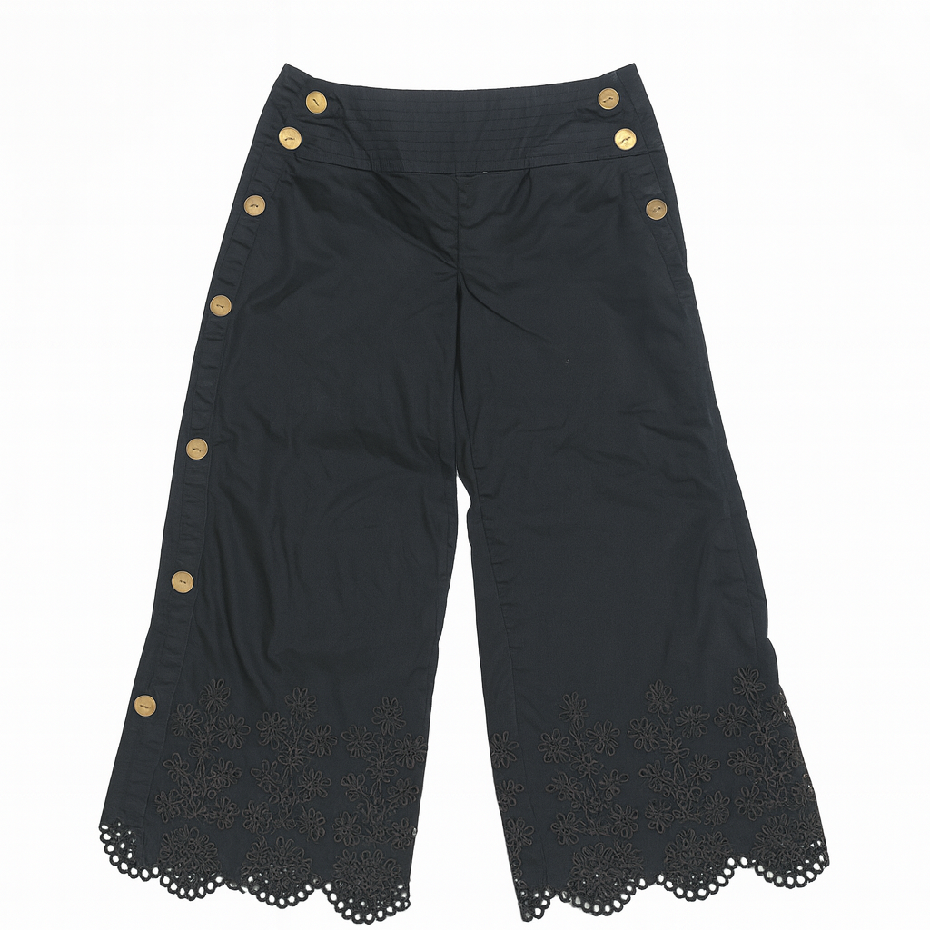 Pantalón culotte negro con botones dorados y bordado floral - Size 32