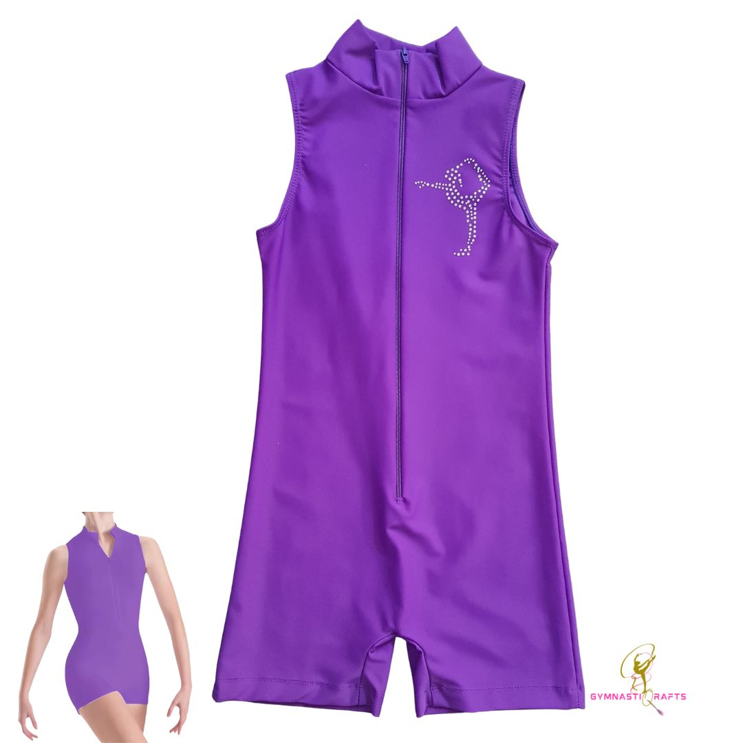 Short  Sleeves Front Zip Unitard  - Purple_0