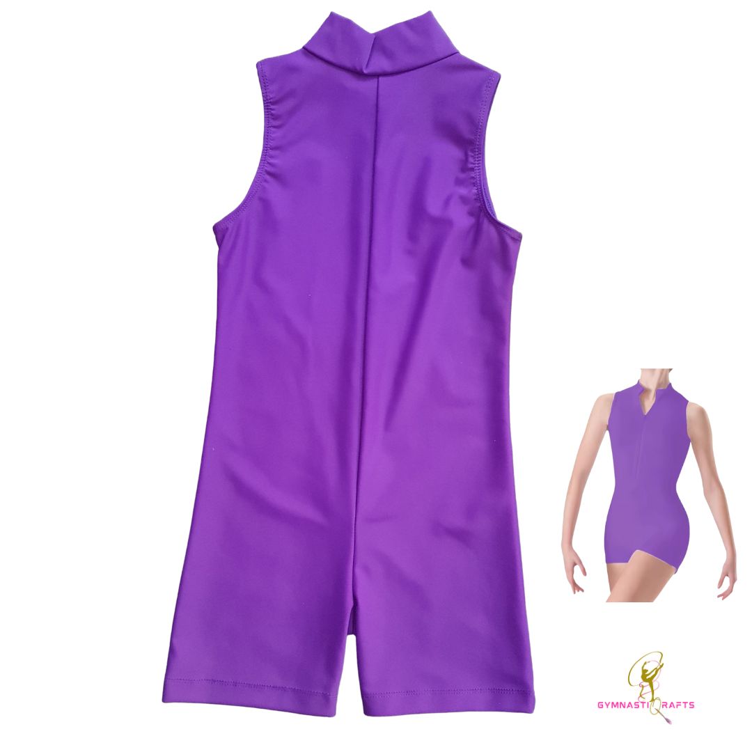 Short  Sleeves Front Zip Unitard  - Purple_1