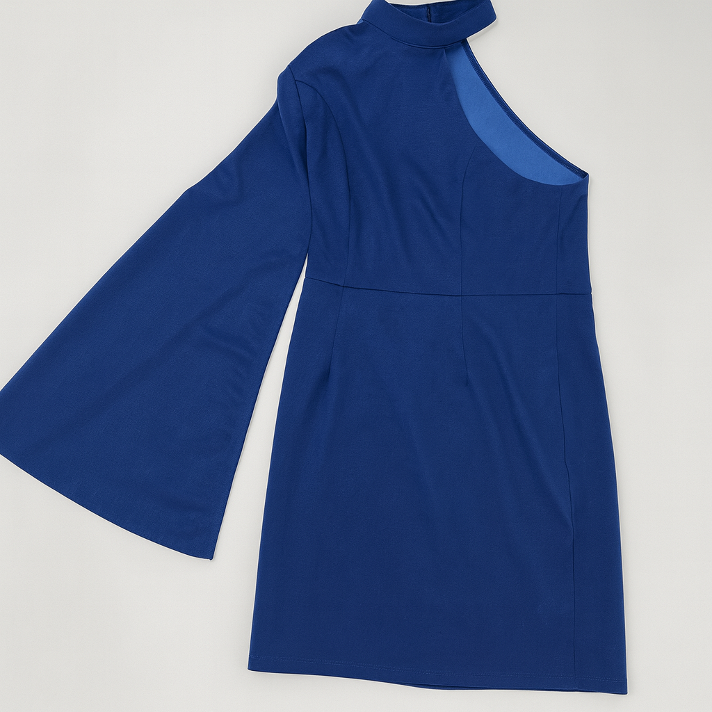Vestido corto azul asimétrico con manga acampanada - Size M_0