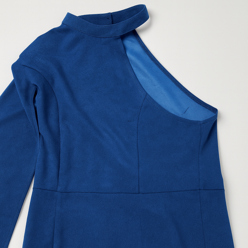 Vestido corto azul asimétrico con manga acampanada - Size M_1