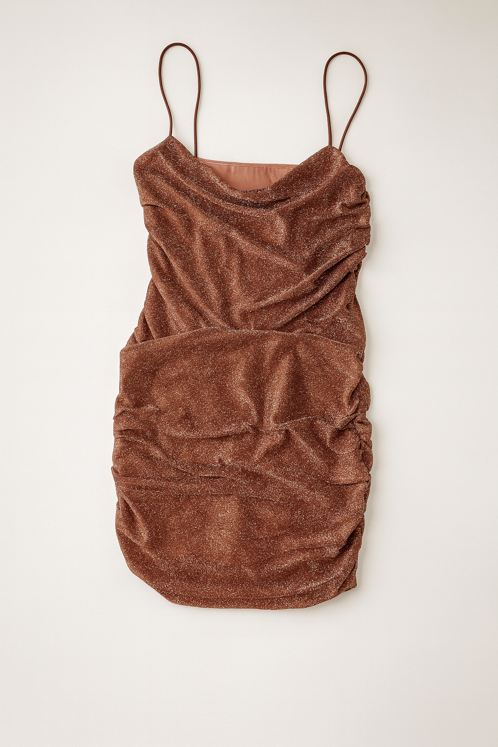 Vestido corto marrón brillante con frunces laterales - Size M_1