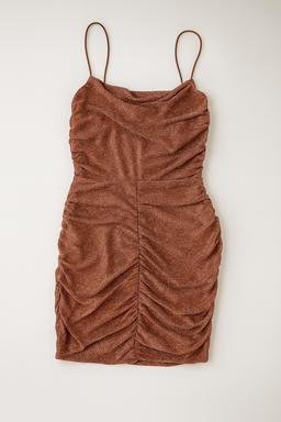 Vestido corto marrón brillante con frunces laterales - Size M