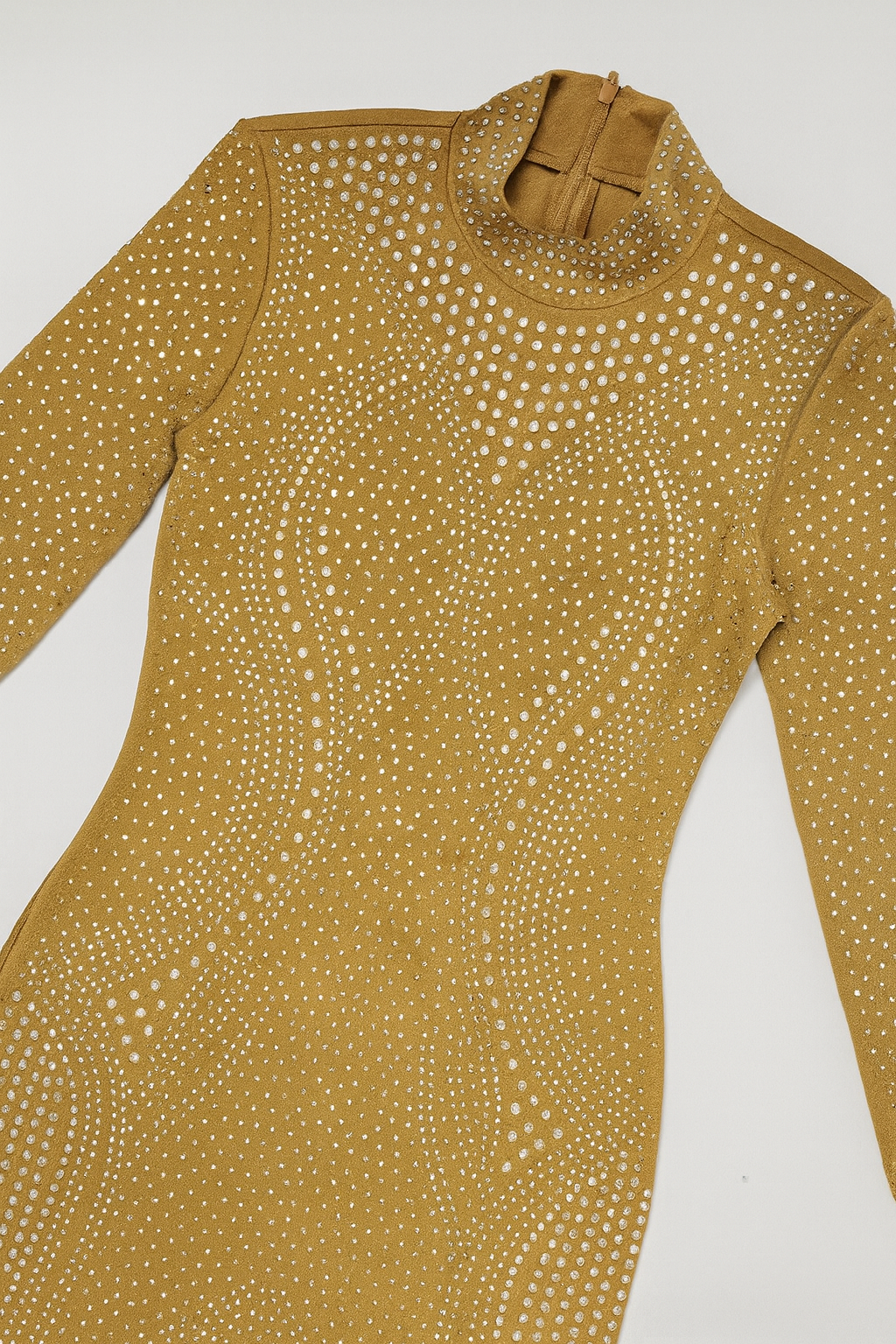 Vestido dorado transparente con pedrería y cuello alto - Size S_0