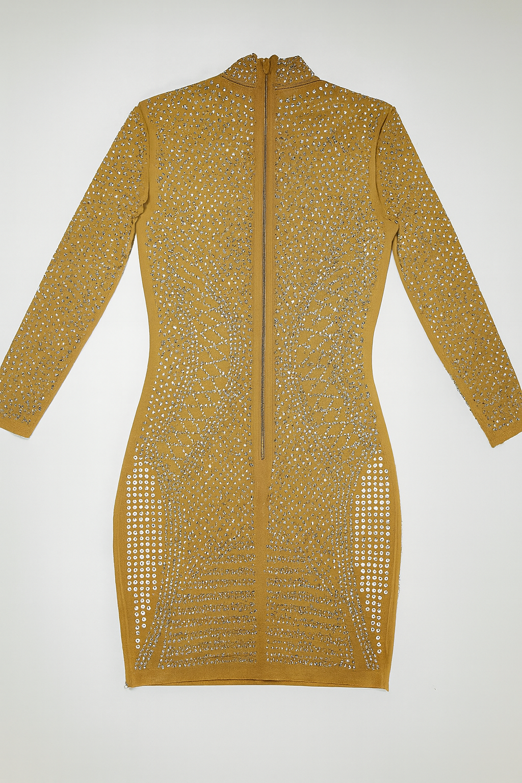 Vestido dorado transparente con pedrería y cuello alto - Size S_1