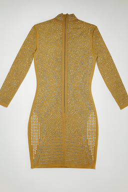 Vestido dorado transparente con pedrería y cuello alto - Size S