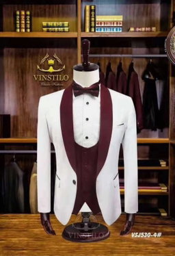 Men's  Burgundy and White 3 Piece Tuxedo