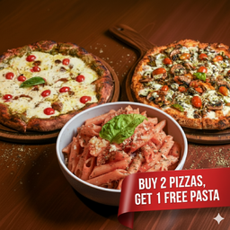 Buy 2 Pizzas, Get 1 Pasta Free