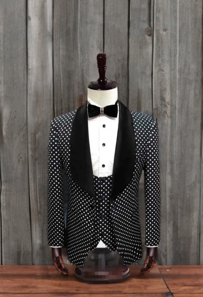 Black 3 Piece Tuxedo White Polka Dots