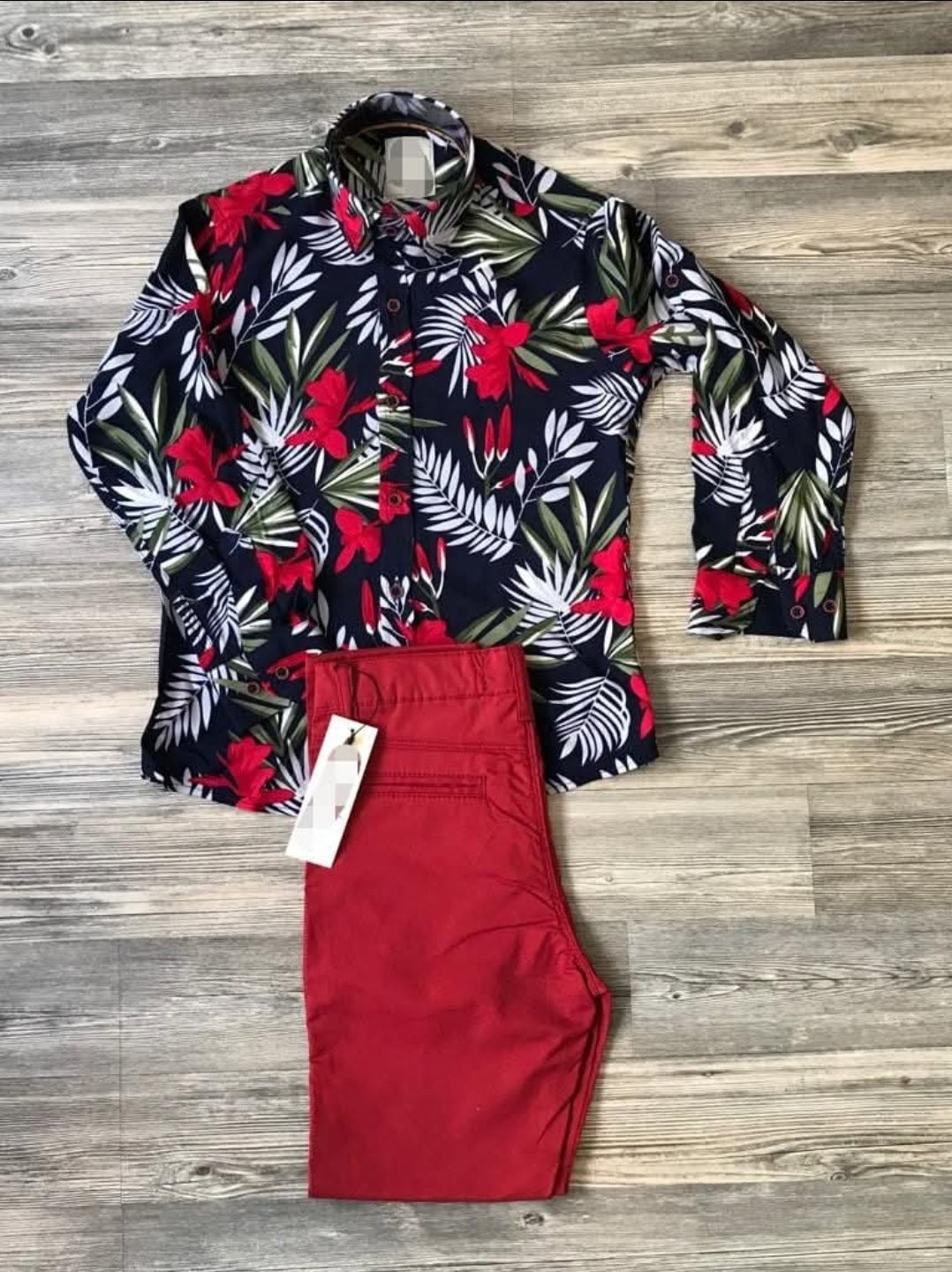 Red Trousers with Matching Floral Shirt _0