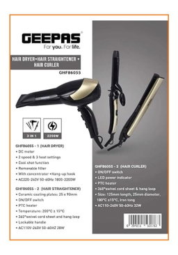GEEPAS GHF86055 2200W 3-in-1 Hair Styling Set, Black/Golden