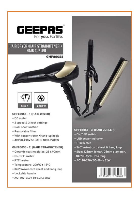 GEEPAS GHF86055 2200W 3-in-1 Hair Styling Set, Black/Golden_1