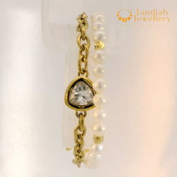 18k Gold Plated Stainless Steel Chain and Pearl Double Strand Bracelet