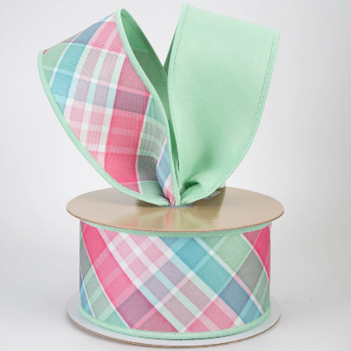 2.5" Double Sided Fused Diagonal Plaid Ribbon: Teal, Pink & Mint (10 Yards)_0