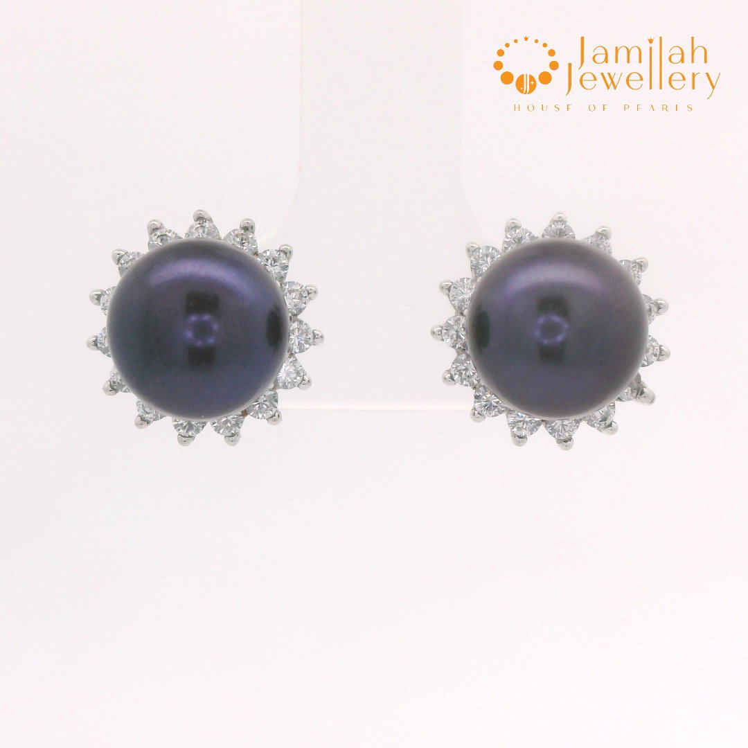 Silver 925 Stud Earrings with Violet Round Pearl