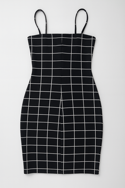 Vestido negro ajustado con tirantes y estampado de cuadros blancos - Size S