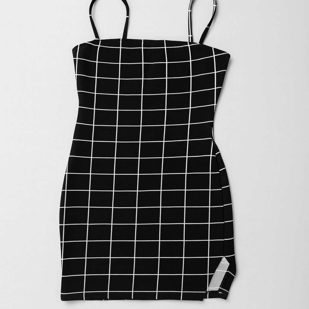 Vestido negro ajustado con tirantes y estampado de cuadros blancos - Size S