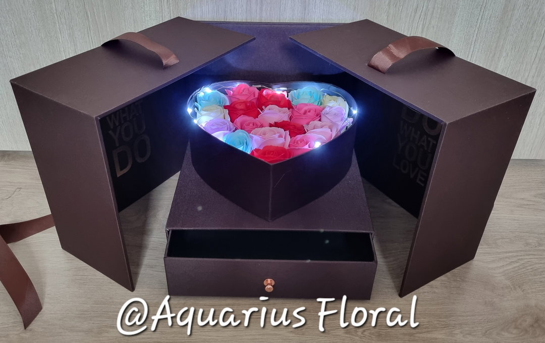 Heart-Shaped Floral Box with Drawer & LED Lights 