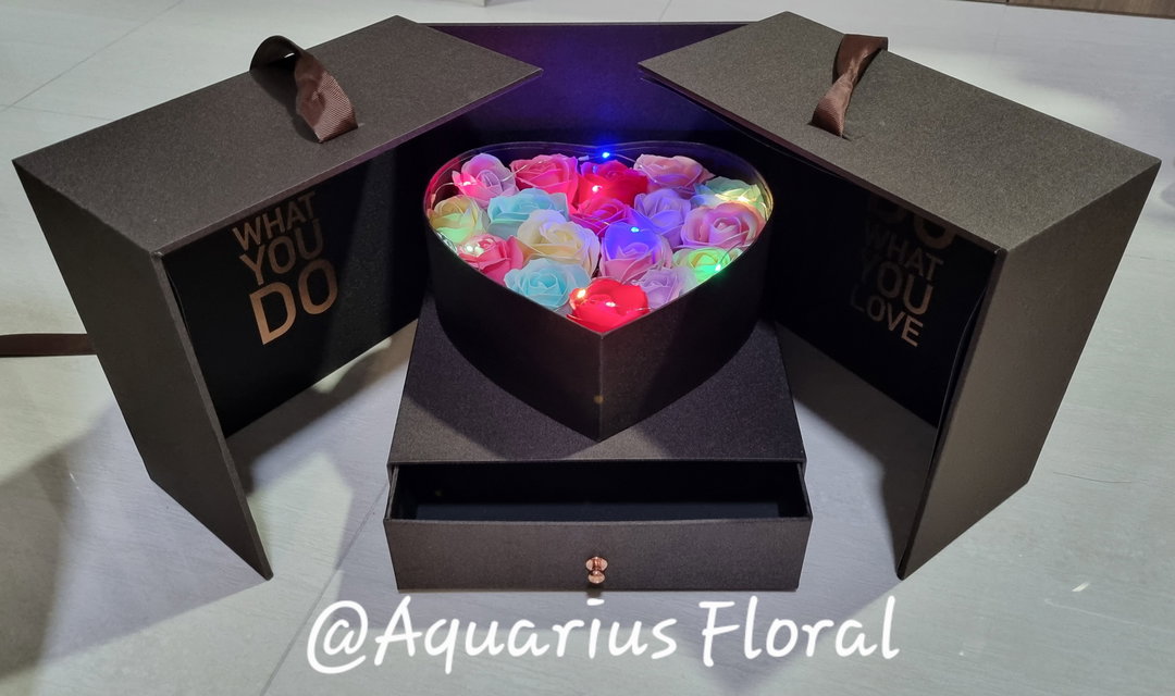 Heart-Shaped Floral Box with Drawer & LED Lights 