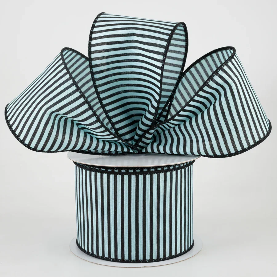 2.5" Horizontal Thin Stripes Ribbon: Soft Turquoise & Black (10 Yards)_0