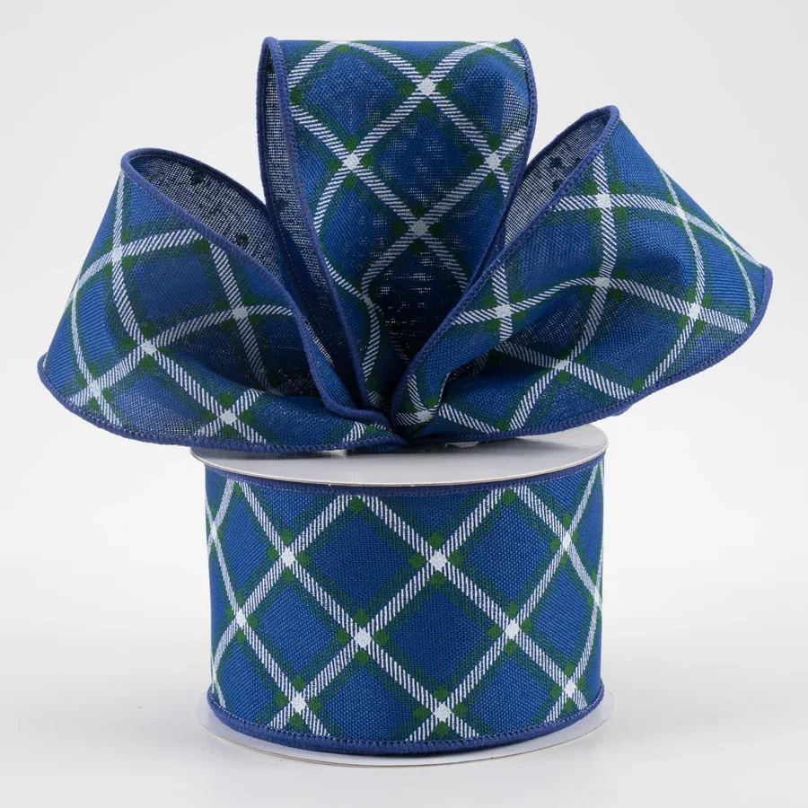 2.5" Diagonal Dash Check Ribbon: Royal Blue, Emerald, White (10 Yards)