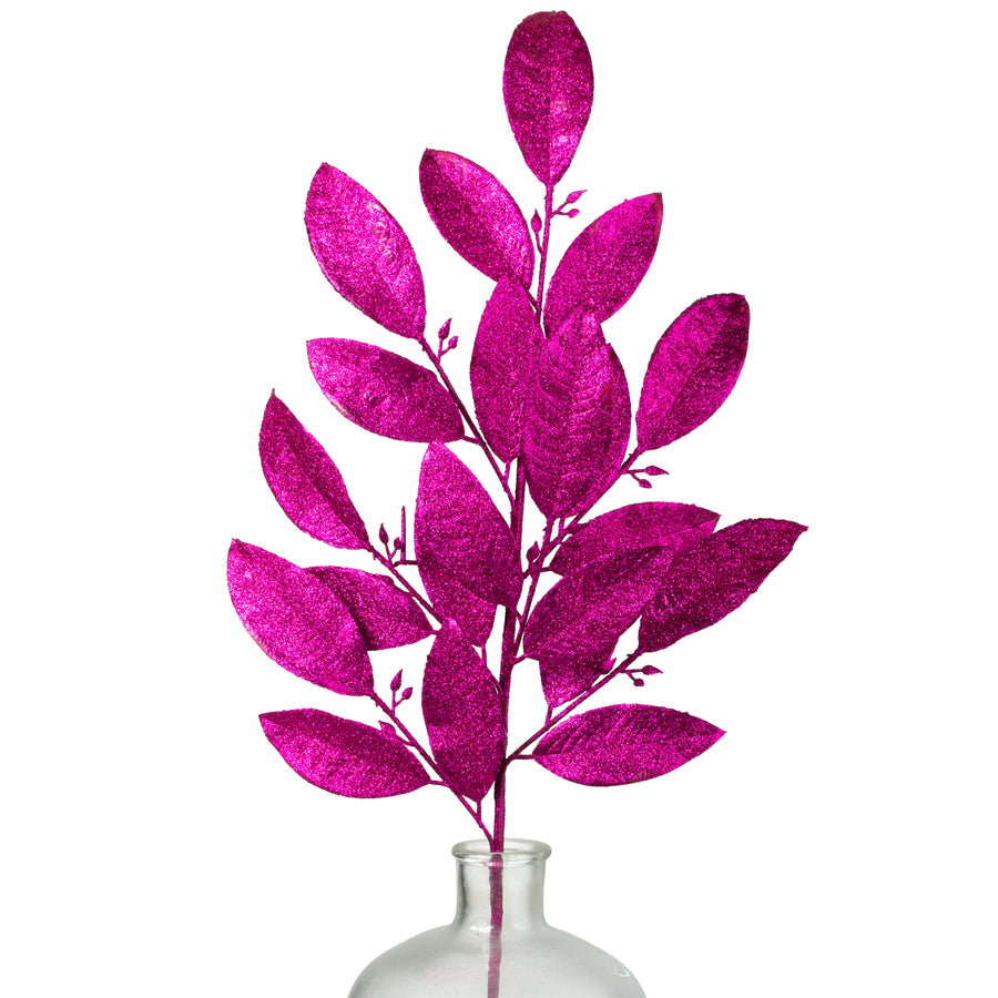 30" Glitter Leaves Spray: Fuchsia Hot Pink