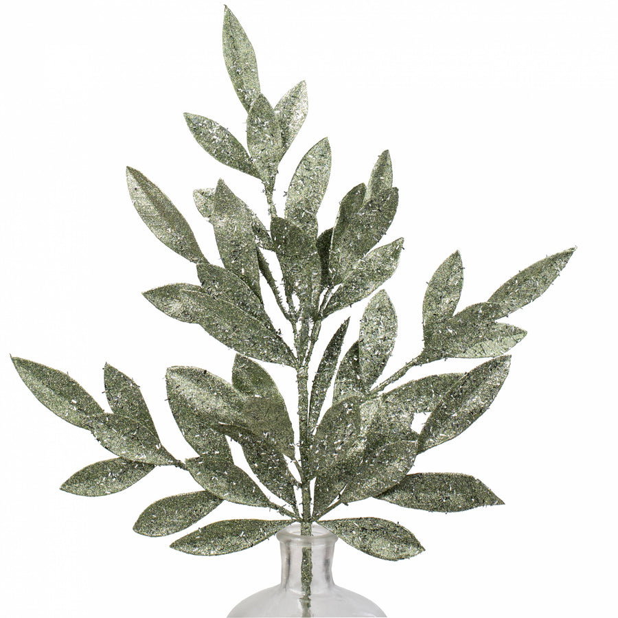 23" Tinsel Glitter Bay Leaf Spray: Sage Green_0
