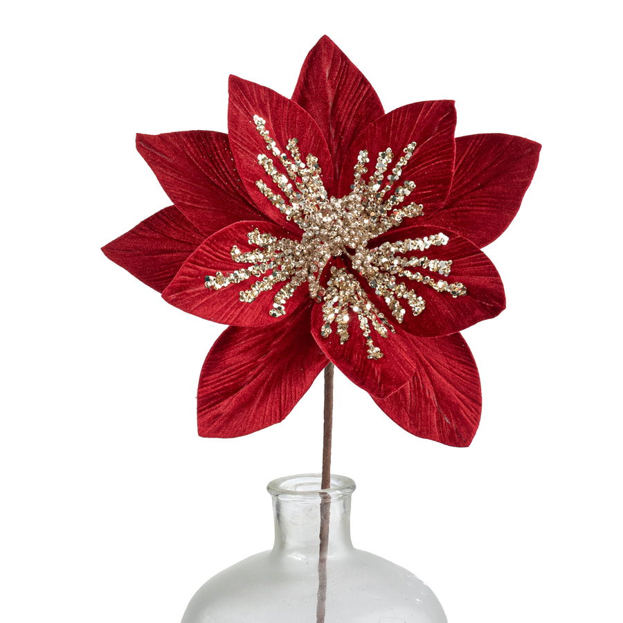 Sequined Velvet Poinsettia Stem: Red & Champagne