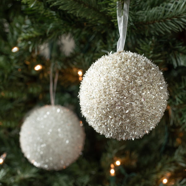 4" Tinsel Iced Ball Ornaments: Champagne & White (Set of 2)