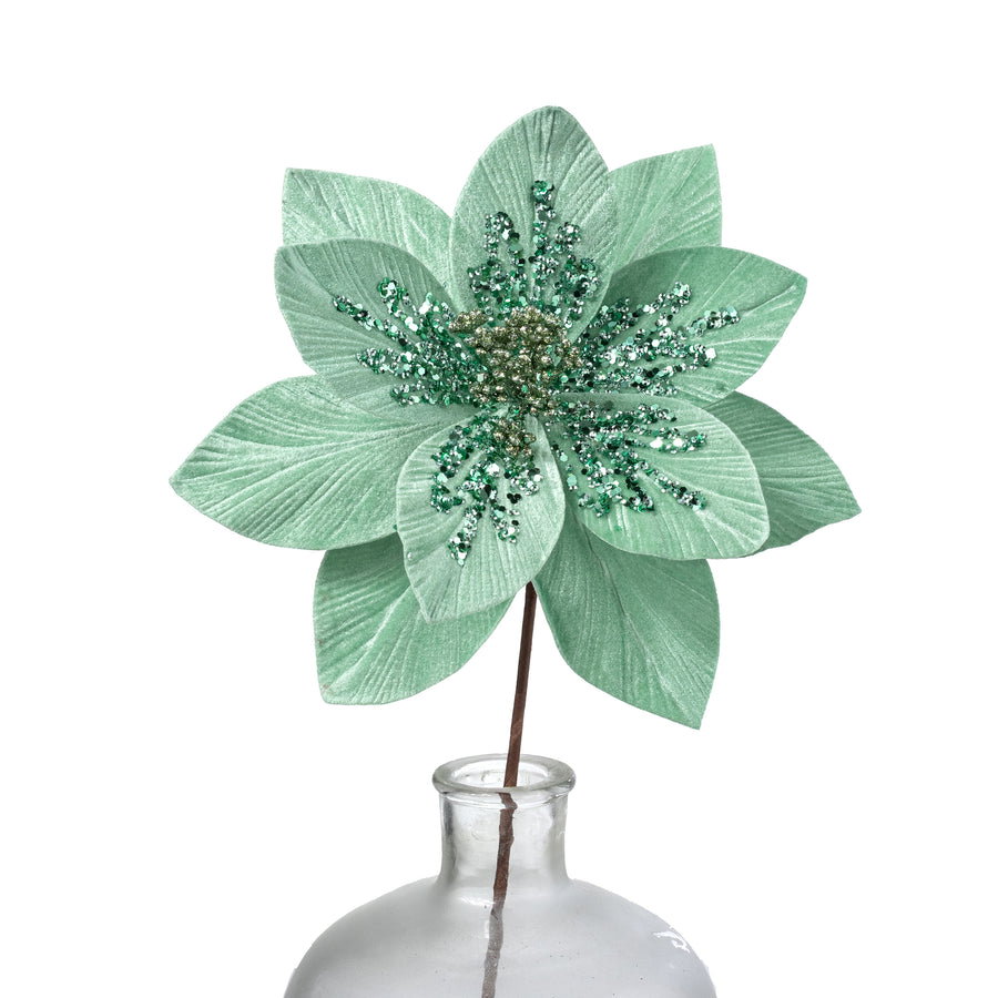 Sequined Velvet Poinsettia Stem: Mint Green
