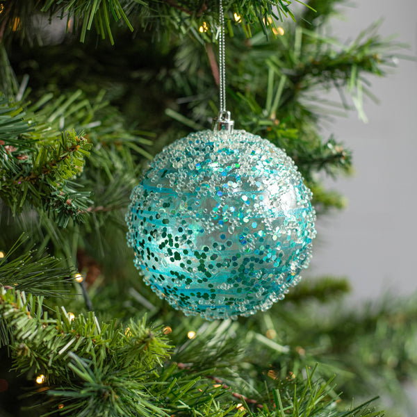 4" Iced Sequin Ball Ornament: Aqua Blue_0
