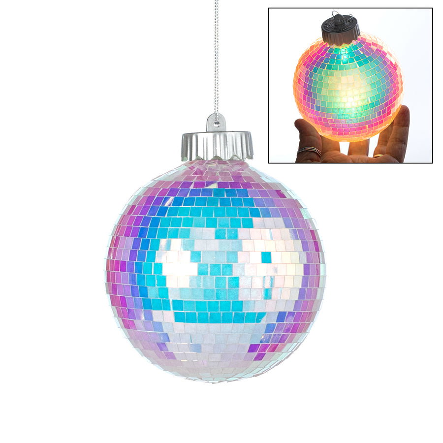100mm Light-Up Mirror Disco Ball Ornament: Iridescent White_0