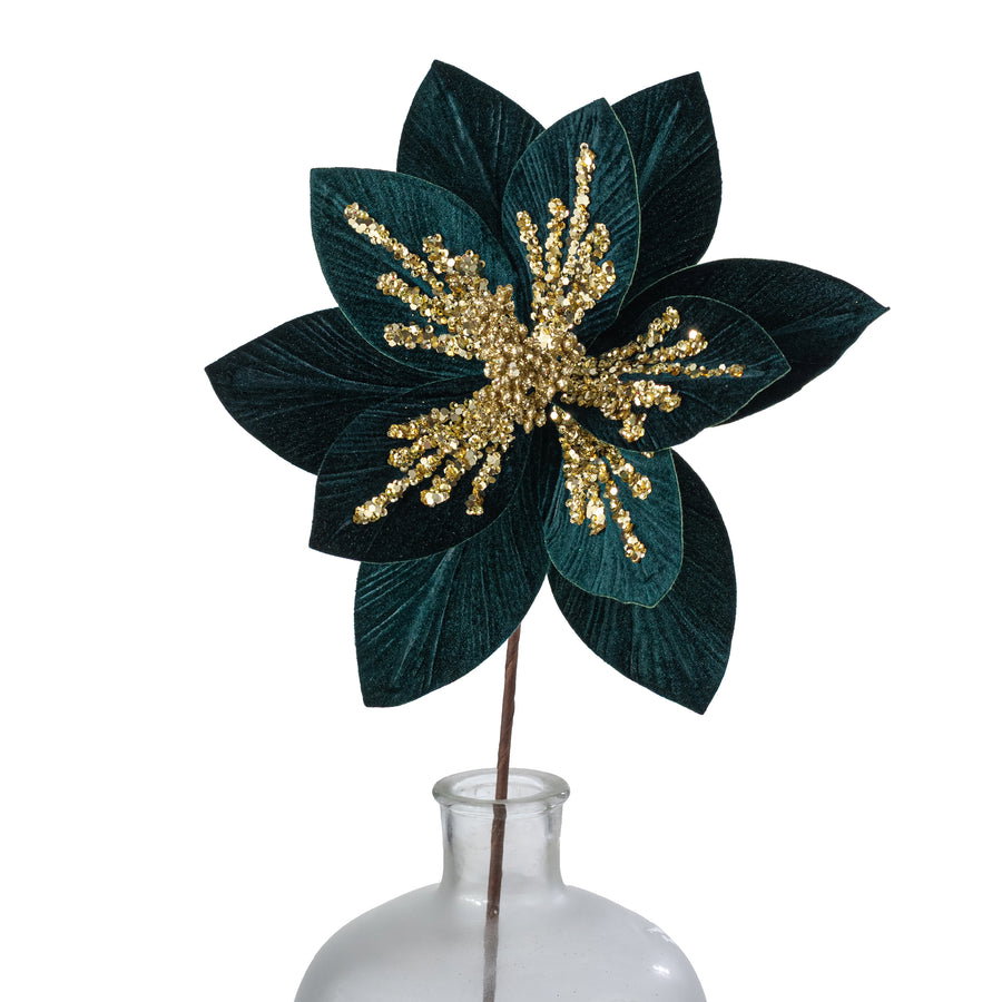 Sequined Velvet Poinsettia Stem: Hunter Green & Gold